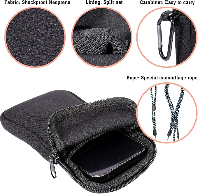 Pwsap Phone Sock, Universal Shock & Impact Resistant Neoprene Pouch with Carabiner and Lanyard Strap Sleeve Case for Hiking & Travelling Phone Bag Fits Phones up to 7 Inches, Black, M