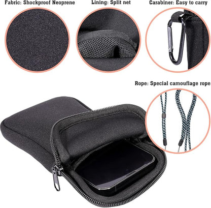 Pwsap Phone Sock, Universal Shock & Impact Resistant Neoprene Pouch with Carabiner and Lanyard Strap Sleeve Case for Hiking & Travelling Phone Bag Fits Phones up to 7 Inches, Black, M