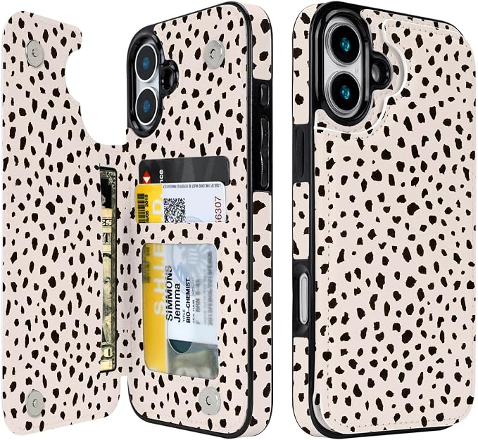 uCOLOR for iPhone 17 Wallet Case with Card Holder PU Leather RFID Blocking Design iPhone 17 flip case for Women Men Magnetic Clasp Kickstand Design 6.3 inch (Almond Latte Polka Dot)