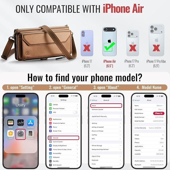 Strapurs Wallet Case Compatible with iPhone Air 6.5" RFID Blocking 10-Card Holder Soft PU Leather Magnetic Snap Shoulder Strap Zipper Pocket Phone Case Fit for iPhone 17 Air for Women - Brown