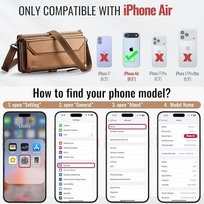 Strapurs Wallet Case Compatible with iPhone Air 6.5" RFID Blocking 10-Card Holder Soft PU Leather Magnetic Snap Shoulder Strap Zipper Pocket Phone Case Fit for iPhone 17 Air for Women - Brown