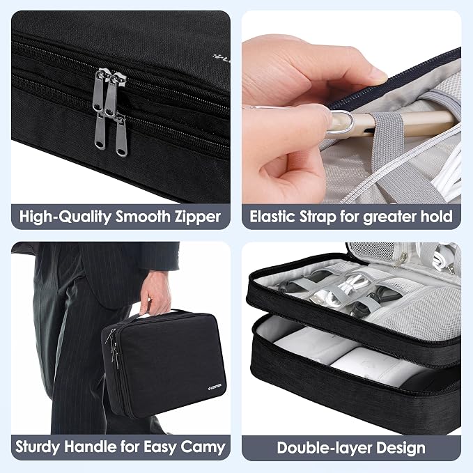 LENTION Double-Layer Cable Organizer Bag Portable Travel Digital Storage | Portable Carry Case Fits Power Bank, Earphone, Charger, Hard Drive; Waterproof Fabric Keeps Digital Accessories Tidy on Trip