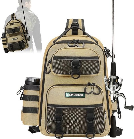 22L Fly Fishing Sling Bag - Fits 3x 3700 Tackle Boxes, 12 D-Rings, Rod Holster, Water Bottle Holder, Phone Pocket (Tan)