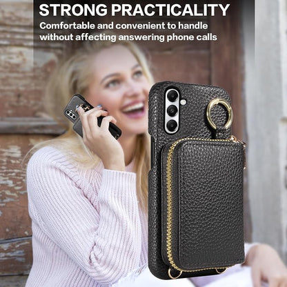 Wallet Case for Samsung Galaxy A24 4G/5G with Shoulder Strap Ring Buckle PU Leather Zipper Flip Organ Purse, Credit Card Holder Stand Full Body Cell Phone Cover for A 24 24A Lte Women Men Black