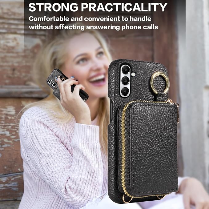 Wallet Case for Samsung Galaxy A35 5G with Shoulder Strap Ring Buckle, Luxury PU Leather Zipper Flip Organ Purse, Credit Card Holder Stand Cell Phone Cover for A 35 35A A355G Women Men Black