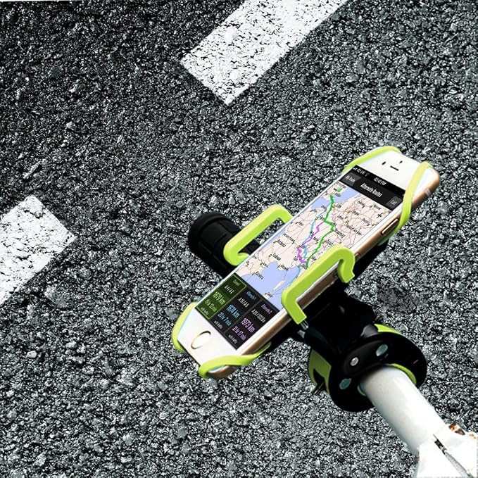 Bike Phone Mount, Motorcycle Mountain Bike Handlebar Bicycle Golf Cart Stroller Cell Phone Holder with Rubber Strap 360 Degrees Rotate for iPhone X 8 7 6 6s Plus Samsung (Green)