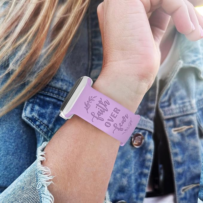 Faith Over Fear Watch Band Compatible with Apple Watch Laser Engraved iWatch Band Silicone 38mm 40mm 41mm 42mm 44mm 45mm 49mm Strap Jesus Psalm Christian God (44/45/49mm M/L, Lavender)