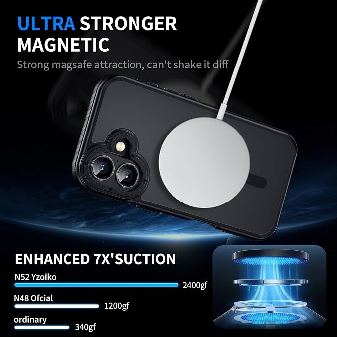Strong Magnetic for iPhone 16 Case [5X Military-Grade Shockproof for iPhone 16 Phone case] Compatible with fit MagSafe Translucent Slim Thin Case for iPhone 16-6.1'', Black Bumper