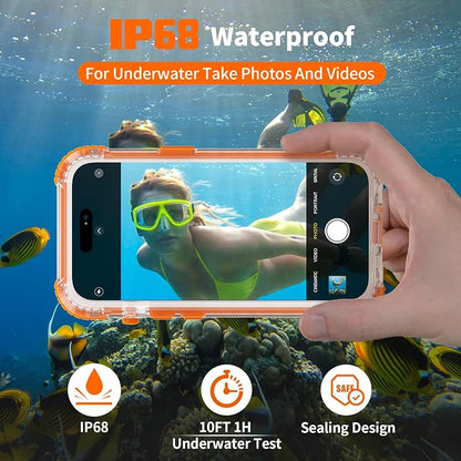 for iPhone 15 Waterproof Case Compatible with MagSafe, Translucent Slim IP68 Underwater Built-in Screen Protector, 12FT Military Grade, 360 Full Body Protective Cover 6.1 inch (Orange)