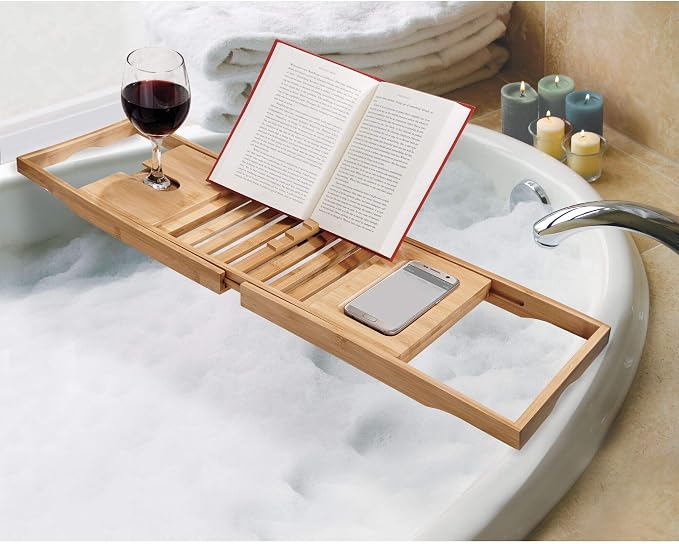 InterDesign Formbu Bathtub Caddy with Reading Tray, Wine, Tablet and Phone Holder - Natural