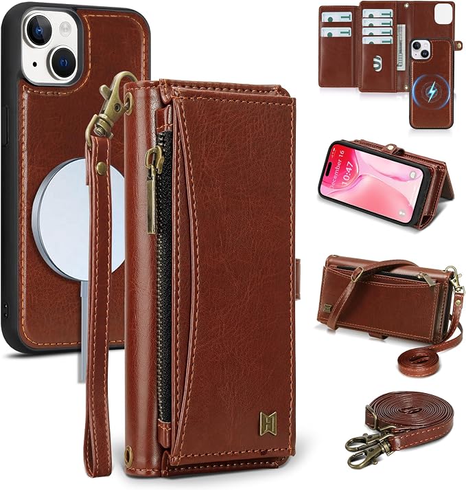 Wallet Case for iPhone 15 Plus with Card Holder/Crossbody Wallet/Strap| RFID Blocking | Magnetic | Kickstand | Detachable | PU Leather Phone Case for iPhone 15 Plus,6.7 in,Brown