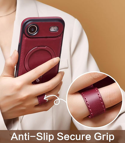 for iPhone Air Leather Case with Stand, Anti-Slip Grip Ring, Fits for MagSafe (Burgundy, iPhone Air)