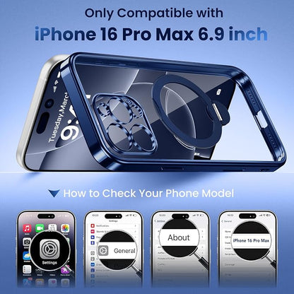 GolbinBox for iPhone 16 Pro Max Case with 360° Spin Magnetic Stand,[Compatible with Magsafe] [Military Protection][Built-in Ring Holder] Camera Control Phone Case for 16 Pro Max,Dark Blue/Clear