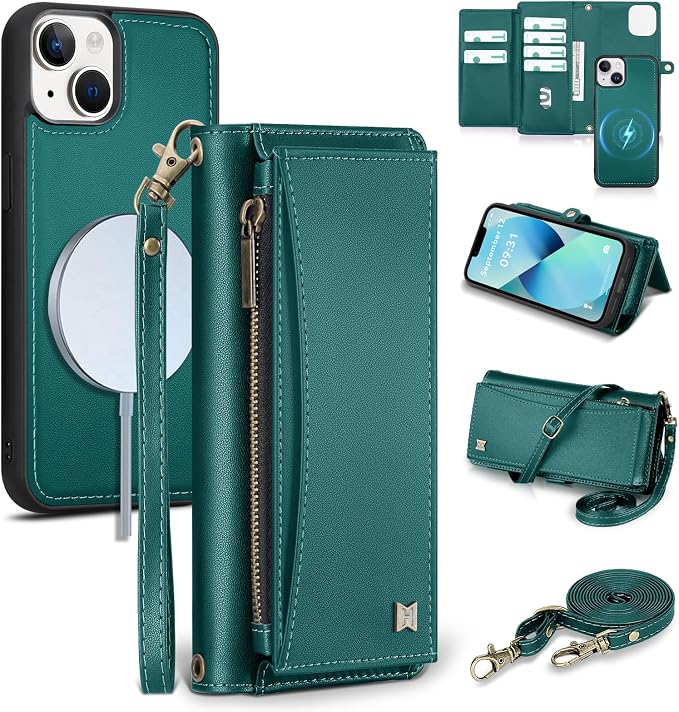 Wallet Case for iPhone 13 with Card Holder/Crossbody Wallet/Strap| RFID Blocking | Magnetic | Kickstand | Detachable | PU Leather Phone Case for iPhone 13,6.1 in,Green