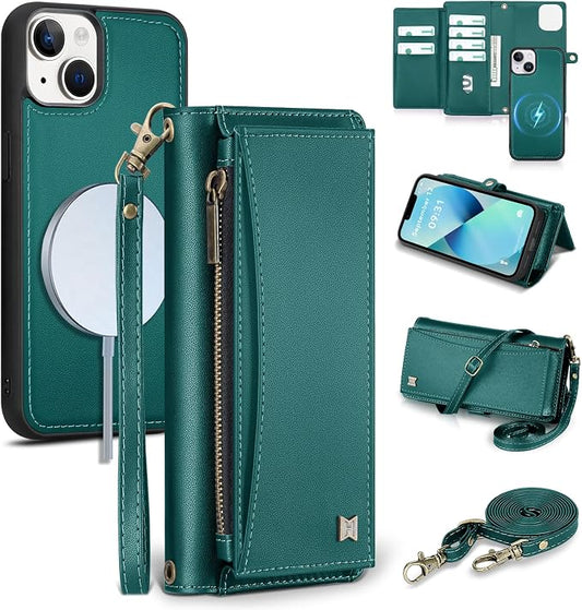 Wallet Case for iPhone 13 with Card Holder/Crossbody Wallet/Strap| RFID Blocking | Magnetic | Kickstand | Detachable | PU Leather Phone Case for iPhone 13,6.1 in,Green