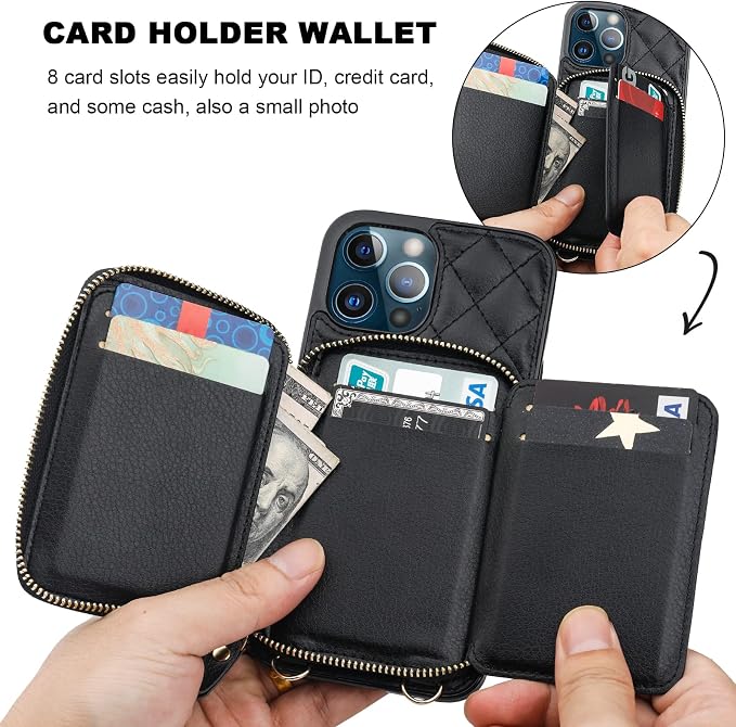 Bocasal Crossbody Wallet Case for iPhone 12 Pro Max, RFID Blocking PU Leather Zipper Handbag Purse Flip Cover, Kickstand Folio Case with Card Slots Holder Wrist Strap Lanyard 5G 6.7 Inch (Black)