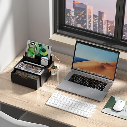 Pezin & Hulin Bamboo Charging Station for Multi Device, with Power Charger & Cables, Nightstand Docking Station with Lined Tray & Drawer, Compatible with Tablet, Cell Phones-Black