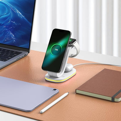 3 in 1 Charging Station for iPhone, Qi2 15W Charger Station Compatible Mag-Safe with iPhone 17 16e 16 15 14 13 12 11 X Pro Max & Apple Watch - Wireless Charging Station for AirPods (White 3 in 1)