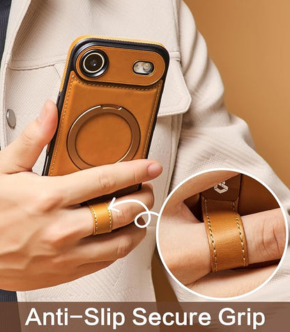 for iPhone Air Leather Case with Stand, Anti-Slip Grip Ring, Fits for MagSafe (Brown, iPhone Air)
