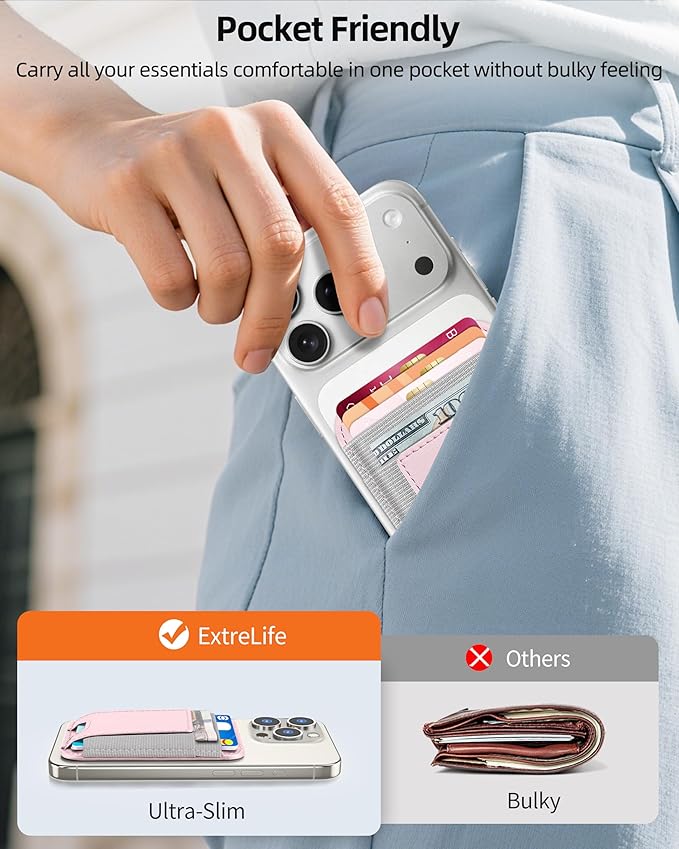 ExtreLife Upgraded for Magsafe Wallet, Stronger Magnetic Wallet for iPhone 17/16/15/14/13/12 Series, Magnetic Card Holder with 2 Card Slots, Slim, RFID Blocking, Vegan Leather, Fit 7 Cards, Pink
