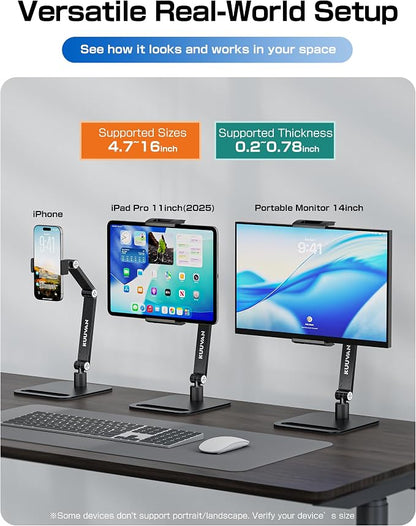 Tablet Stand Holder for iPad, Portable Monitor Stand Holder 15.6'',16'', Aluminum Alloy Foldable Arm Mount with 360° Swivel Desk Mount Compatible with 4.7-16inch Tablet, Cell Phone (Black)