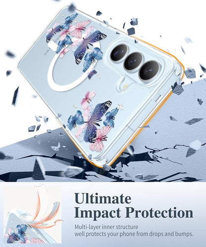 GVIEWIN for Samsung Galaxy S26 Case Compatible with MagSafe, Clear Floral Shockproof Protective Women Phone Case, Non-Yellowing, Screen & Camera Lens Protector for Galaxy S26 6.3", Colorful Butterfly