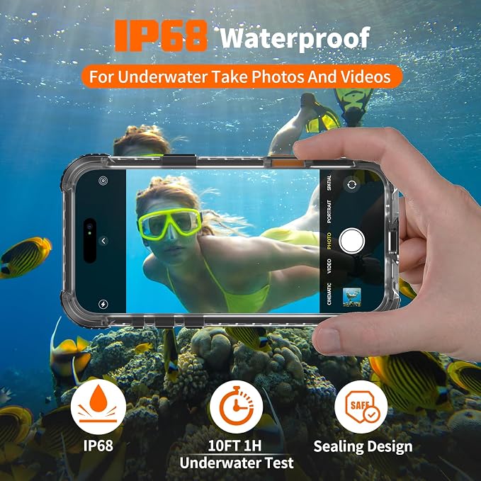 for iPhone 16 Pro Max Waterproof Case Compatible with MagSafe, IP68 Underwater Case Built-in Screen Protector, Slim Translucent 360° Full Body Protection, 12FT Military Grade, 6.9 Inch (Black)