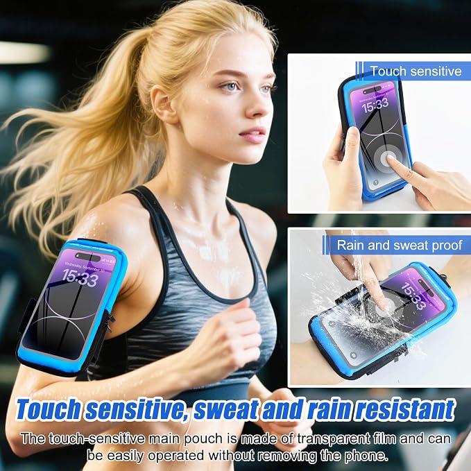 Phone Holder for Running, Running Armband Phone Holder with Carabiner, Phone Armbands for iPhone 17 16 15 14 13 12 11Pro Max & Galaxy S25/S24/S23, Cell Phone Armband Up to 6.8'' Phone (Blue)