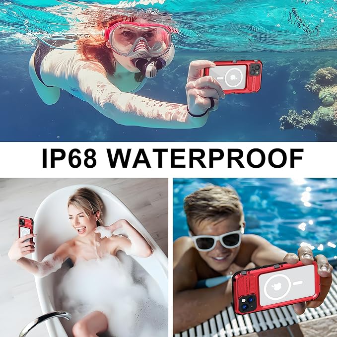WIFORT for iPhone 14 Plus Waterproof Case - Built-in [Screen Protector][IP68 Water Proof][14FT Military Grade Shockproof], Rugged Metal Full Body Aluminum Protective Drop Protection Cover, 6.7" Red