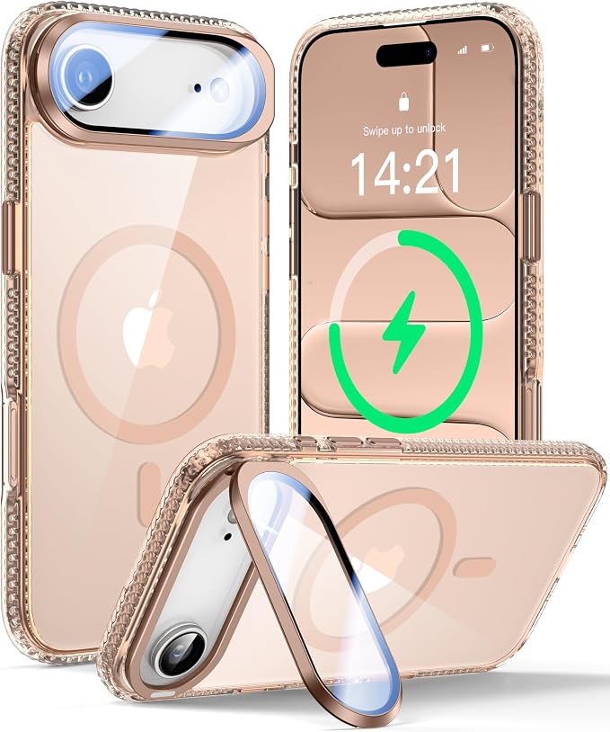 [Upgraded Full Camera Protection] for iPhone Air Case with Camera Cover Stand [Fit for MagSafe][10FT Mil-Grade Protection] Transparent Magnetic Phone Cover for iPhone 17 Air Case, Clear Gold