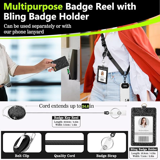 Azrra Adjustable Crossbody Cell Phone Lanyard for iPhone with Phone Tethers & Retractable ID Badge Card Holder (Bling Black)