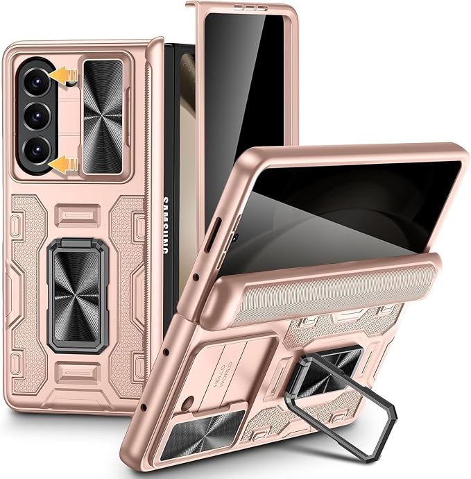 VEGO for Samsung Z Fold 5 Case with Privacy Screen Protector & Hinge Cover | Built-in Slide Camera Cover Military Grade Shockproof Hard PC Kickstand Phone Case for Galaxy Z Fold 5 2023-Rose Gold