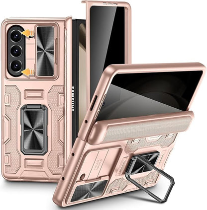 VEGO for Samsung Z Fold 5 Case with Privacy Screen Protector & Hinge Cover | Built-in Slide Camera Cover Military Grade Shockproof Hard PC Kickstand Phone Case for Galaxy Z Fold 5 2023-Rose Gold