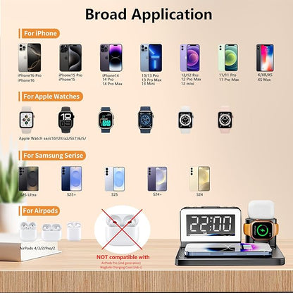 Wireless Fast Charging Station - 7 in 1 Alarm Clock with Wireless Charger Stand - Charging Dock for Apple,for Samsung Galaxy Multiple Devices - for iPhone Watch,for Airpods (Black)