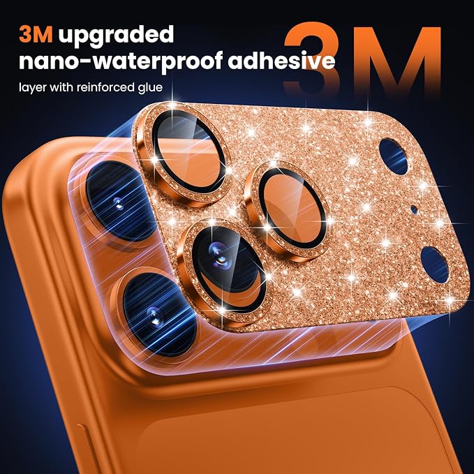 WSKEN for iPhone 17 Pro Camera Lens Protector, [Military Grade Shatterproof] [Strong Adhesion] Metal Aluminum Alloy Tempered Glass Camera Screen Protector, Glitter Orange