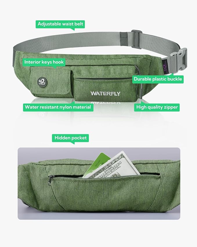 WATERFLY Fanny Pack Slim Soft Polyester Water Resistant Waist Bag Pack for Man Women Carrying iPhone 8 Samsung S6 (green)