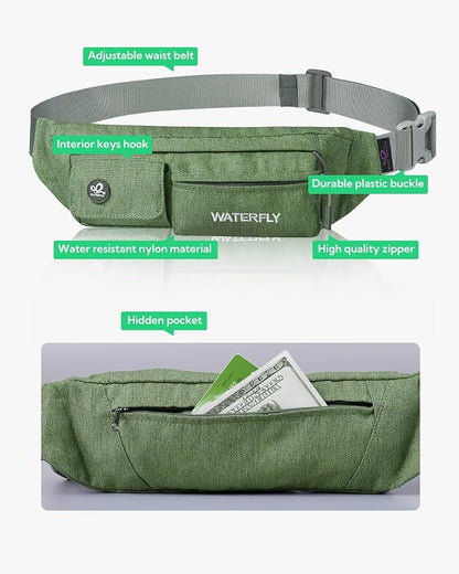 WATERFLY Fanny Pack Slim Soft Polyester Water Resistant Waist Bag Pack for Man Women Carrying iPhone 8 Samsung S6 (green)