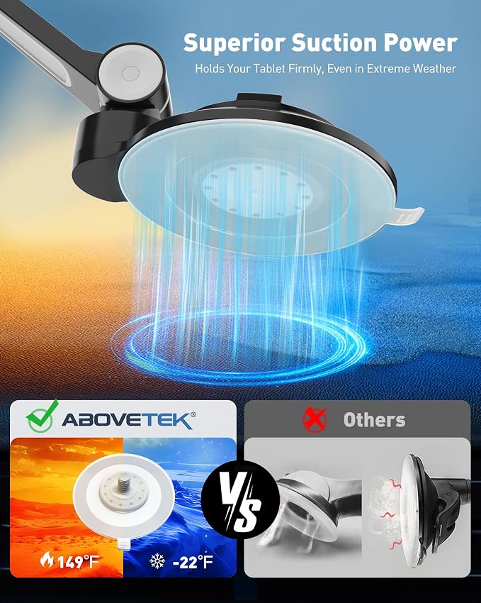 AboveTEK iPad Suction Mount, Phone Tablet Stand Holder with Suction Cup Fits 4"-11" Tablet/Phone/iPad mini/Air, Sticky iPads Mount on Window Bathroom Mirror, for Car Truck Windshield Boat (Black)