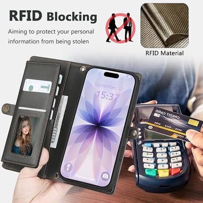 Wallet Case for iPhone 17 with Card Holder/Crossbody Wallet/Strap,[RFID Blocking][Magnetic] PU Leather Phone Case for iPhone 17,6.3 in,Black