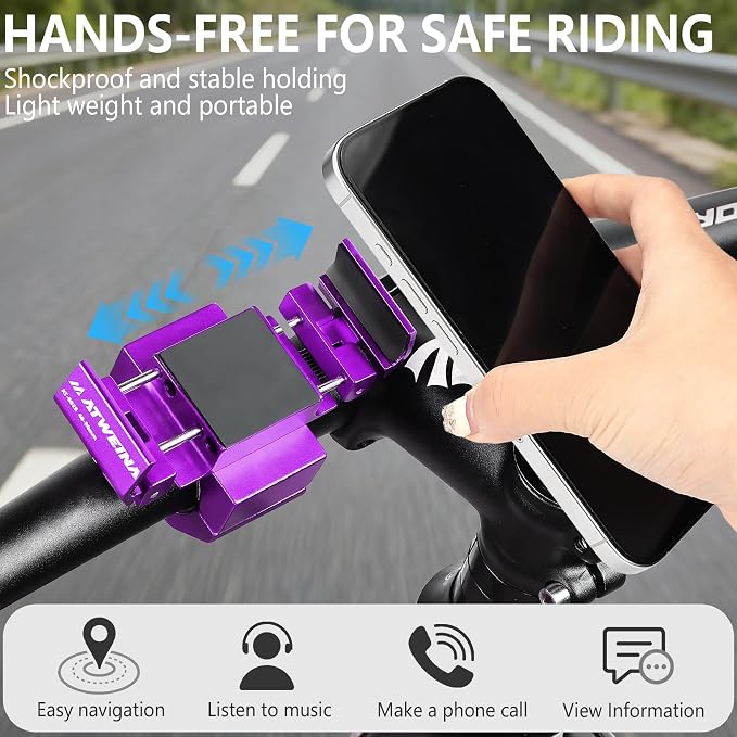 Bike Phone Holder, Motorcycle Phone Mount, Aluminum Alloy Bicycle Handlebar Cell Phone Stand, 360°Rotate Ebike Scooter Phone Clamp Clip, Suitable for 4.5-7.0" Smartphones (Purple)