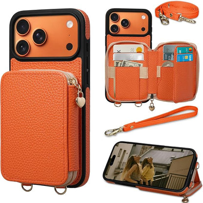 Keallce Case for iPhone 17 Pro Max 6.9'' Case Wallet, Crossbody Zipper Purse with RFID Blocking Card Slots Kickstand, Lanyard & Handstrap Flip Folio Leather Phone Cover for iPhone 17 Pro Max, Orange