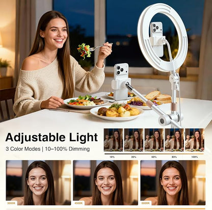 Overhead-Phone-Mount,Stable Overhead-Camera-Mount-Stand [Anti-Shaking] with 10.5" Ring Light, Flexible Desk-Stand for iPhone with Ring-Light for Video-Recording,Zoom Meeting,YouTube,TikTok, White