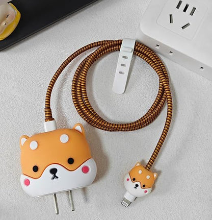 Compatible with iPhone 18W/20W USB-C Charger Protector Cover, 3D Cute Cartoon Charger Case for Apple iPhone 20W USB-C Power Adapter and Lightning Cable Protective Wire Saver (Cute Shiba Inu)