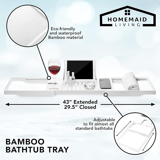 Homemaid Living Luxury Bamboo Bath Tray for Bathtub - Expandable Bathroom Caddy with Reading Rack or Tablet Holder, Premium Bath Tray with Wine Glass Holder, Fits All Bathtubs (White)