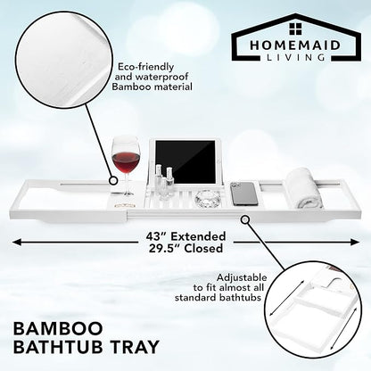 Homemaid Living Luxury Bamboo Bath Tray for Bathtub - Expandable Bathroom Caddy with Reading Rack or Tablet Holder, Premium Bath Tray with Wine Glass Holder, Fits All Bathtubs (White)