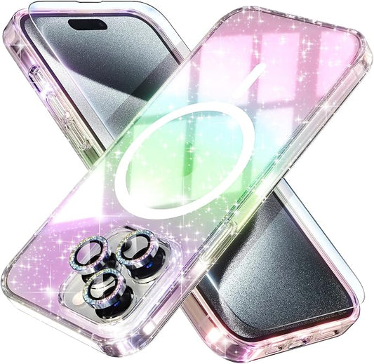 Choiche for iPhone 15 Pro Max Case Magnetic, Women Clear Glitter Bling Sparkly Case, [3xDiamond Camera Lens Protectors] [2xTempered Glass Screen Protectors] [Compatible MagSafe] (Glitter Colorful)