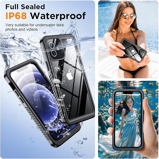 Temdan for iPhone 12 Case for iPhone 12 Pro Case, [12 FT Military Grade Drop Protection] with 2 Pack [Glass Screen Protector+ Camera Lens Protector] Non-Slip Shockproof Case,Black