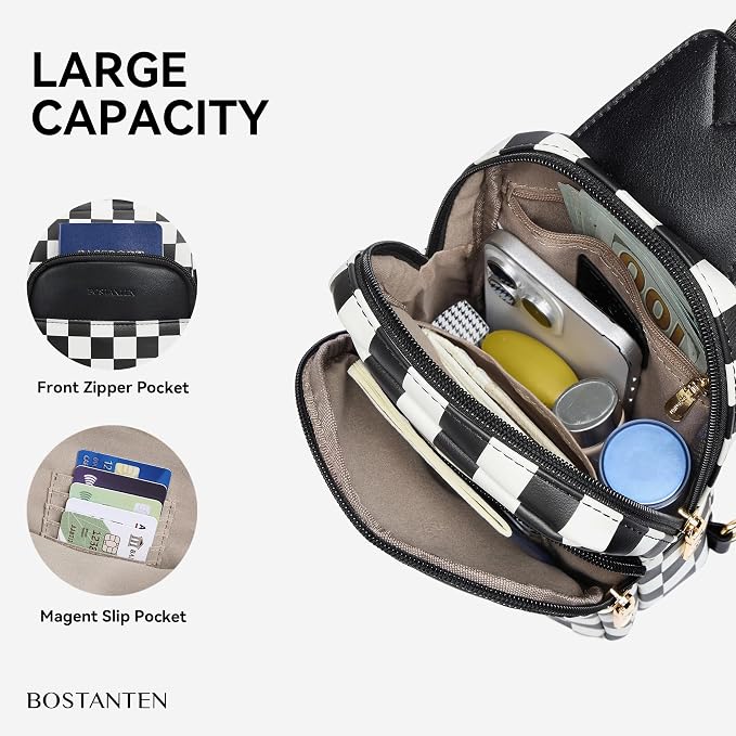 BOSTANTEN Sling Bag Quilted Crossbody Bags for Women Cross Body Purse Leather Fanny Pack with Adjustable Guitar Strap