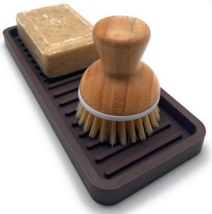 Happitasa Silicone Kitchen Sink Organizer Tray, Sponge Holder and Countertop Protector | Bathroom and Kitchen Soap Dish and Dispenser Tray (Dark Chocolate, 9"x3.5", 5.6 Ounces)
