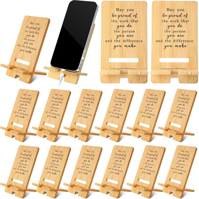 Ripeng 12 Pcs Employee Appreciation Gifts Bulk Bamboo Phone Stand for Desk Office Worker Thank You Gift for Administrative Team Coworkers Staff Graduation Nurse Teacher Week (Vintage Work Pride)